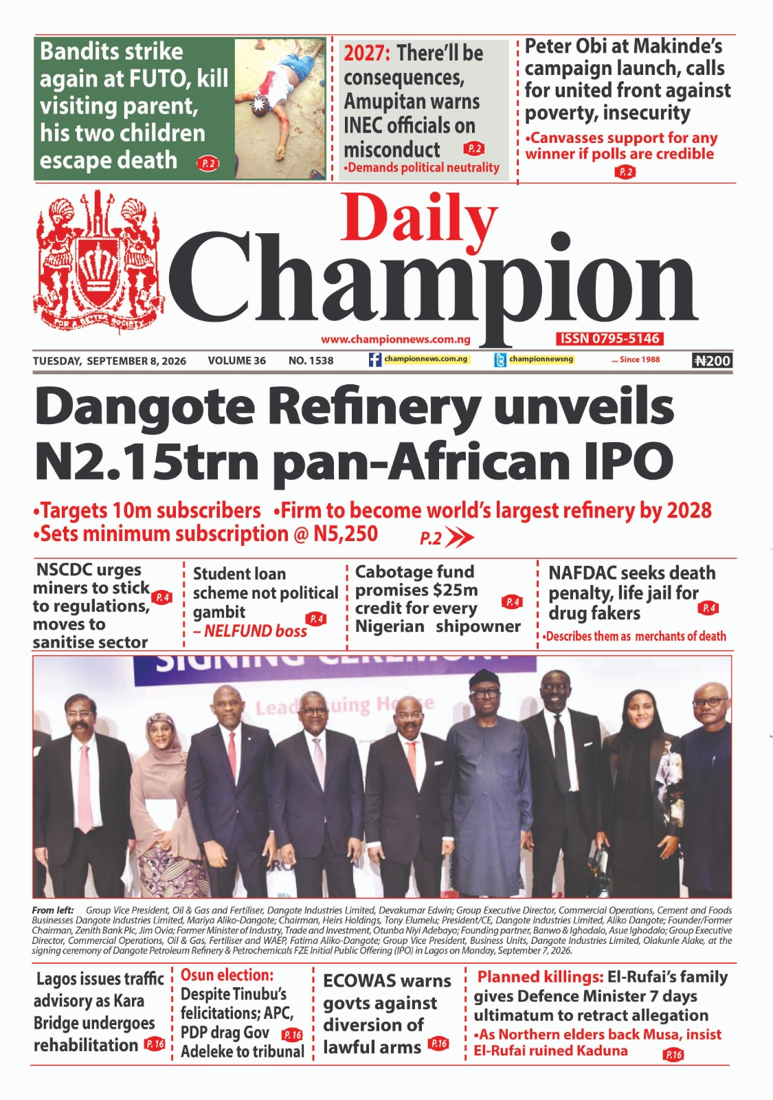 Latest News from Champion Newspapers, SEPTEMBER 8, 2026