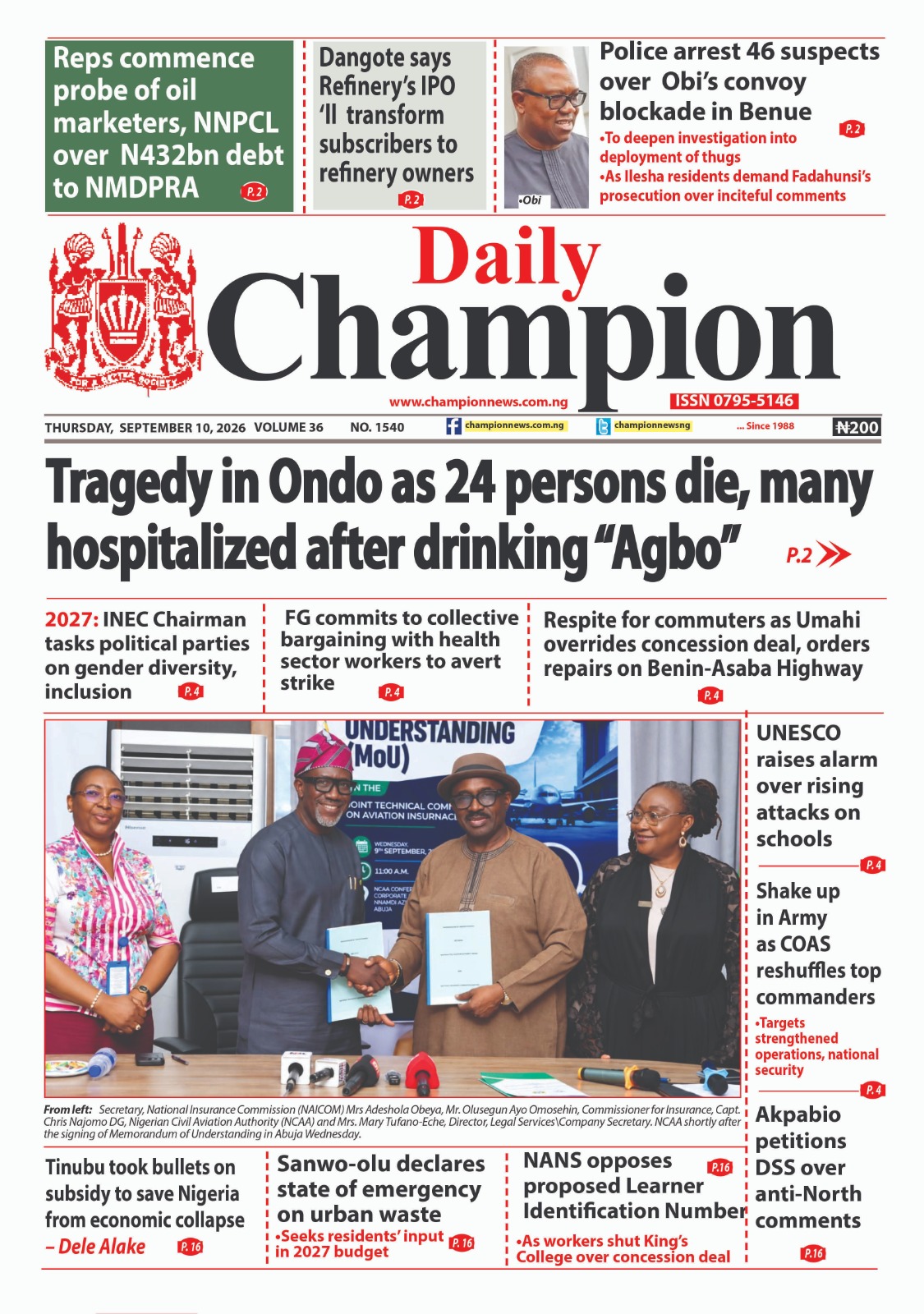 Latest News from Champion Newspapers, SEPTEMBER 10, 2026